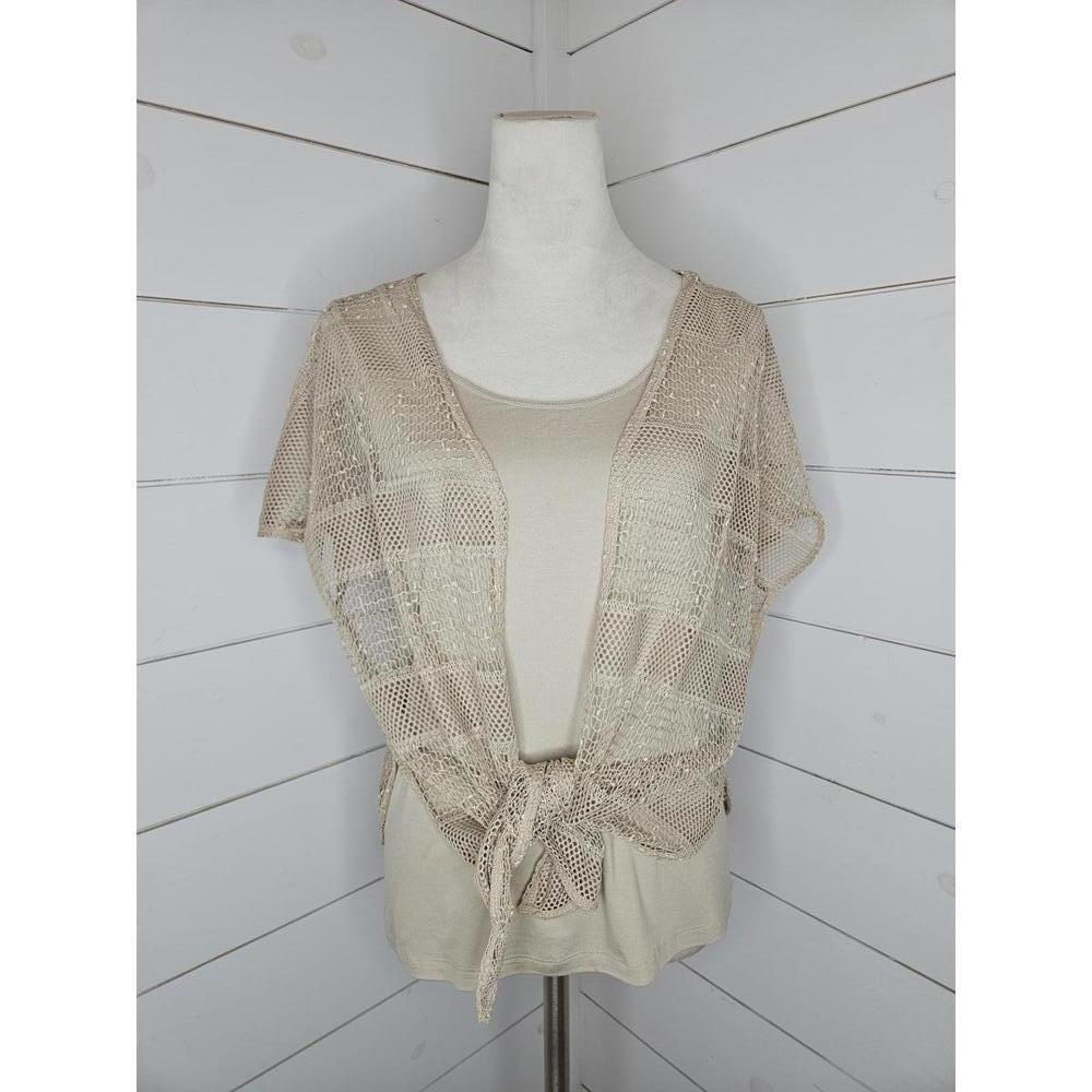 LOT Multiples Medium/P. Large tan open knit cover up & tank set. Tie front cardi